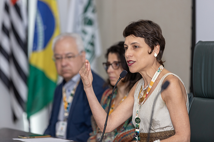 A imagem mostra a reitora da Unifesp falando em um microfone durante um evento formal. Ela está em destaque no lado direito, gesticulando com a mão direita enquanto fala. Ela veste uma blusa ou vestido elegante de cor clara, com um colar e crachá no pescoço. Atrás dela, há duas pessoas sentadas — um homem e uma mulher — que estão fora de foco, assim como bandeiras ao fundo (uma delas parece ser a bandeira do Brasil). A cena sugere um painel ou conferência, com ambiente profissional.