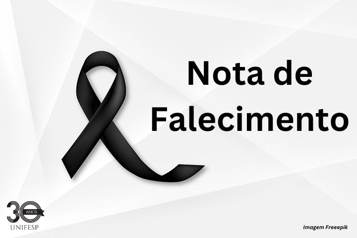 A imagem é uma nota de falecimento da UNIFESP. Ela possui um fundo claro com um laço preto (símbolo de luto) no lado esquerdo, acompanhado do texto em destaque: "Nota de Falecimento" (em preto, com fonte simples e direta). No canto inferior esquerdo, há o logotipo dos 30 anos da UNIFESP, e no canto inferior direito está o crédito da imagem: "Imagem Freepik". O design é sóbrio, respeitoso e apropriado para comunicações institucionais de luto.