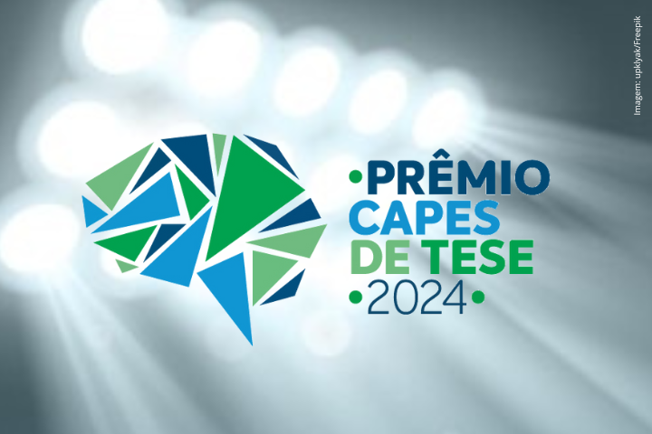 A imagem contém o logotipo do Prêmio Capes de Tese 2024 como elemento principal. Ele é composto pelos seguintes detalhes: Um cérebro estilizado formado por formas geométricas em tons de verde e azul. Ao lado direito do cérebro, está escrito 