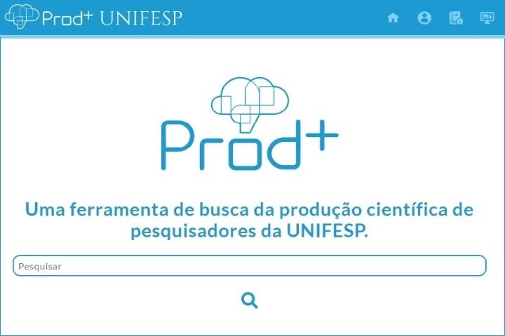 A imagem mostra a página inicial do Prod+, ferramenta da UNIFESP para busca de produção científica de seus pesquisadores. No centro, aparece o logotipo da plataforma com o texto: "Uma ferramenta de busca da produção científica de pesquisadores da UNIFESP." Há uma barra de pesquisa com o botão de lupa, e no topo, ícones de navegação como início, perfil e ajuda.