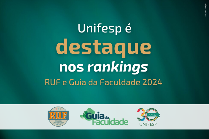 Na parte inferior da imagem, há três logotipos: RUF: Um círculo com as letras RUF em destaque, indicando provavelmente um ranking universitário.Guia da Faculdade: Um logotipo mais elaborado com o nome "Guia da Faculdade" escrito em uma fonte elegante, sugerindo uma publicação que avalia e ranqueia instituições de ensino superior.UNIFESP 30 anos: O logotipo da Universidade Federal de São Paulo (UNIFESP), com a inscrição "30 anos", indicando a comemoração de um aniversário.Interpretação:A imagem transmite a mensagem de que a UNIFESP obteve um bom desempenho em rankings acadêmicos de 2024, como o RUF e o Guia da Faculdade. A combinação das cores verde e dourado confere um aspecto sofisticado e confiável à comunicação visual. A presença do logotipo da UNIFESP com a inscrição "30 anos" reforça a tradição e a experiência da instituição.Em resumo: A imagem é um anúncio visual que celebra o sucesso da UNIFESP em rankings acadêmicos recentes, destacando a qualidade do ensino e pesquisa da instituição.