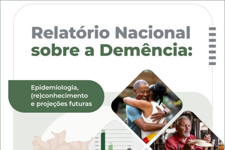 A imagem é a capa de um documento intitulado "Relatório Nacional sobre a Demência: Epidemiologia, (re)conhecimento e projeções futuras".  Elementos visuais:  O título está em destaque na parte superior, utilizando uma fonte em tom de cinza para "Relatório Nacional" e verde escuro para "sobre a Demência". À esquerda, há uma caixa verde com o texto "Epidemiologia, (re)conhecimento e projeções futuras", que parece ser o subtítulo do relatório. Há também imagens de pessoas idosas, como uma foto de um homem abraçando uma mulher e outra de um idoso interagindo em um ambiente social, sugerindo o foco do relatório em questões relacionadas à demência e o impacto em indivíduos e suas relações. Abaixo, há uma representação gráfica que parece ser um gráfico de barras, possivelmente ilustrando dados estatísticos relacionados ao tema do relatório. A composição visual parece enfatizar a conexão humana e os desafios enfrentados por aqueles que lidam com a demência, bem como a relevância de dados e projeções futuras para enfrentar o problema.