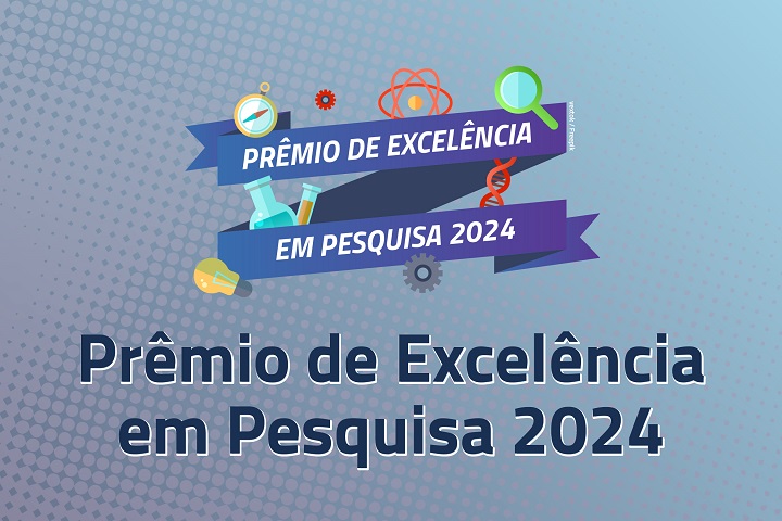 A imagem apresenta um banner promocional para o evento "Prêmio de Excelência em Pesquisa 2024". O design utiliza um fundo com um padrão gradiente em tons de azul e roxo, com elementos gráficos relacionados à ciência, como tubos de ensaio, engrenagens, uma lupa e átomos.