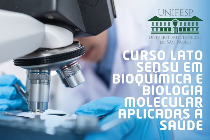 A imagem apresenta uma comunicação visual acadêmica. No canto superior direito, está o logotipo da UNIFESP (Universidade Federal de São Paulo), com a ilustração de um prédio estilizado em verde.  À direita, lê-se o título do curso em destaque: 