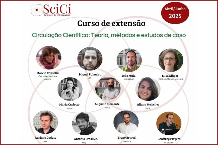 Imagem mostra letreiro Curso de extensão Circulação científica: Teoria, métodos e estudos de caso e fotos de pesquisadores(as) convidados(as)