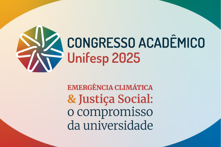 Imagem promocional do Congresso Acadêmico Unifesp 2025, com destaque para o tema: "Emergência Climática & Justiça Social: o compromisso da universidade". Contém o logotipo colorido do evento e um fundo com degradê em tons quentes e frios. O texto é centralizado e utiliza diferentes cores para dar ênfase às palavras-chave.