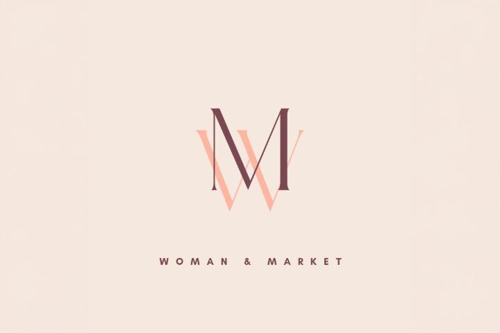 Logotipo do projeto "Woman & Market" em fundo bege. No centro, as letras "W" e "M" estilizadas se sobrepõem em tons de marrom e rosa. Abaixo, o nome do projeto está escrito em fonte elegante e discreta.