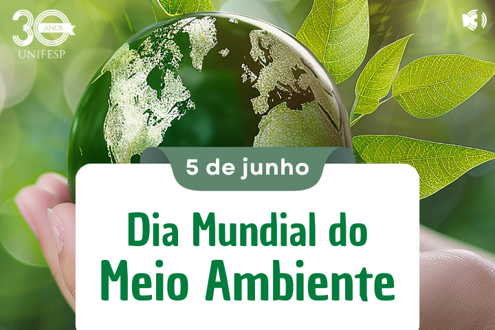 Ilustração de uma mão segurando um globo terrestre verde, com folhas ao fundo e a inscrição "5 de junho – Dia Mundial do Meio Ambiente".