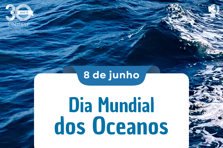 Uma imagem com a frase "Dia Mundial dos Oceanos" em português, sobre um fundo de ondas azuis.