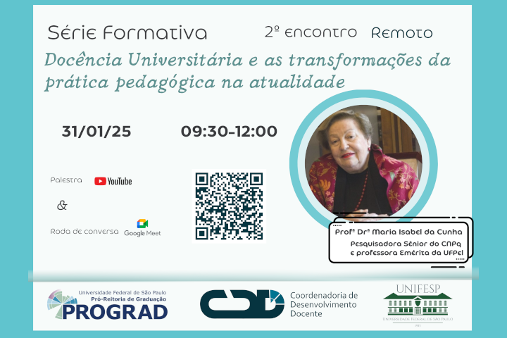 Cartaz digital de evento acadêmico sobre docência universitária, com data, horário, palestrante e QR Code para acesso.