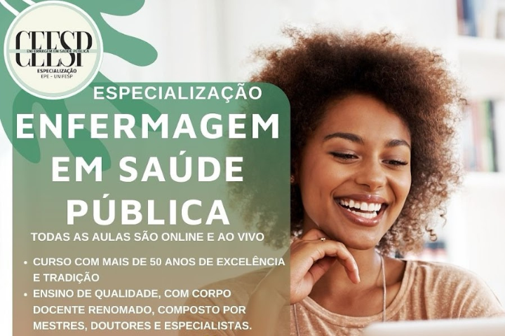 A imagem é um cartaz de divulgação de um curso de especialização em Enfermagem em Saúde Pública oferecido pela UNIFESP (Universidade Federal de São Paulo). O fundo da imagem apresenta uma mulher negra sorrindo enquanto usa um notebook, simbolizando o ensino online.