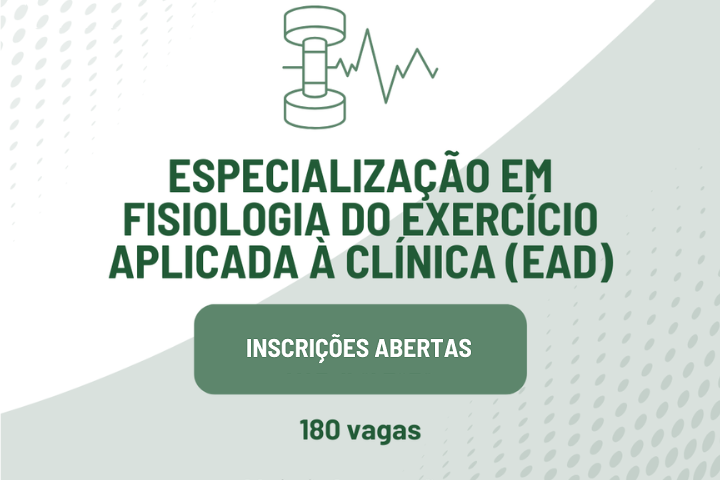 A imagem apresenta um anúncio para o curso de Especialização em Fisiologia do Exercício Aplicada à Clínica (EAD). O anúncio é composto por elementos visuais e textuais, distribuídos em um layout simples e informativo.  Elementos Visuais:  Ícone: No canto superior esquerdo, há um ícone linear representando um peso de academia (haltere) estilizado, com um traço de linha simbolizando um eletrocardiograma (ECG) sobreposto. Este ícone sugere a combinação de exercício físico e saúde, temas centrais do curso. Fundo: O fundo da imagem é composto por dois tons de verde claro, com o tom mais claro predominante na maior parte da área e um tom ligeiramente mais escuro na metade inferior. A transição entre os tons é suave, com um padrão de pontos sutis, criando um efeito de textura e profundidade. Elementos Textuais:  Título: "ESPECIALIZAÇÃO EM FISIOLOGIA DO EXERCÍCIO APLICADA À CLÍNICA (EAD)" - A frase está centralizada na imagem, com letras maiúsculas em negrito, em um tom de verde mais escuro. O tamanho da fonte é grande, garantindo destaque e fácil leitura. Informações de Inscrição: "INSCRIÇÕES ABERTAS" - Logo abaixo do título, em um retângulo verde mais escuro com bordas arredondadas, está a informação sobre o período de inscrições. A frase é escrita em letras brancas, contrastando com o fundo e facilitando a visualização. Vagas: "180 vagas" - Abaixo do retângulo de inscrição, centralizado e em destaque, está o número de vagas disponíveis para o curso. A fonte é maior que a do texto de inscrição, enfatizando a quantidade de oportunidades. Layout:  Organização: Os elementos estão dispostos de forma organizada e centralizada, facilitando a leitura e compreensão das informações. Simetria: A imagem apresenta um design simétrico, com o título e as informações de inscrição e vagas centralizadas, transmitindo equilíbrio e clareza. Minimalismo: O design é minimalista, com o uso de poucos elementos visuais e textuais, evitando distrações e focando na informação principal. Cores:  Verde: A cor verde é predominante na imagem, remetendo à saúde, bem-estar e natureza, temas relacionados ao curso de fisiologia do exercício. Branco: A cor branca é utilizada para contrastar com o verde e destacar as informações textuais, garantindo a legibilidade.