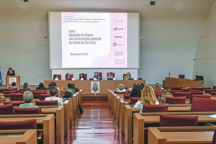 A imagem retrata um evento acadêmico em um auditório, onde ocorre uma apresentação sobre igualdade de gênero nas universidades públicas do estado de São Paulo.