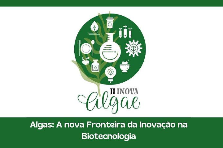 A imagem apresenta um design com tons predominantemente verdes e brancos. No centro, há um círculo verde contendo diversos ícones relacionados à biotecnologia, como tubos de ensaio, frascos, engrenagens, folhas e símbolos médicos, todos dispostos em torno de um grande frasco de laboratório no meio.  Abaixo do círculo, está escrito "II INOVA Algae" em uma fonte estilizada, destacando o nome do evento ou iniciativa. Logo abaixo, em uma barra verde, aparece o texto "Algas: A nova Fronteira da Inovação na Biotecnologia" em branco, que é o slogan ou tema do evento.  O conjunto transmite a ideia de um evento científico ou de inovação relacionado ao uso de algas em biotecnologia, destacando aplicações sustentáveis e inovadoras.