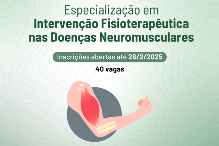 A imagem é um anúncio para um curso de especialização em "Intervenção Fisioterapêutica nas Doenças Neuromusculares". O anúncio é visualmente dividido em duas partes, com elementos gráficos e texto.  Parte Superior:  Título: "Especialização em Intervenção Fisioterapêutica nas Doenças Neuromusculares" em destaque na parte superior, com letras brancas sobre um fundo verde claro. Informações sobre o Curso: Abaixo do título, há um texto menor em verde: "Inscrições abertas até 28/2/2025", indicando o prazo para inscrição. Vagas: Mais abaixo, em destaque, o número "40 vagas" em um círculo verde, indicando a quantidade de vagas disponíveis. Parte Inferior:  Ilustração: A parte inferior da imagem contém uma ilustração de um braço estilizado em tons de rosa, com os músculos em destaque sobre um fundo cinza. A ilustração está posicionada de forma que parece estar saindo da tela. Fundo:  Cor: O fundo da imagem é verde claro, com um padrão de linhas orgânicas em tons de verde mais escuro, criando um efeito de movimento e profundidade. Outros Elementos:  Logotipo: No canto inferior direito, há um logotipo em verde e branco, possivelmente da instituição responsável pelo curso. Informações de Contato: Acima do logotipo, há um texto em verde com informações de contato, como site e WhatsApp. Linguagem:  Texto: O texto no anúncio está em português. Design:  Cores: As cores verde e branco predominam na imagem, com o destaque em rosa para a ilustração do braço. Fontes: As fontes utilizadas são legíveis e modernas, com o título em destaque e as demais informações em tamanhos menores. Layout: O layout é limpo e organizado, com as informações distribuídas de forma clara e hierárquica.