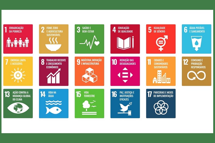 A imagem apresenta os 17 Objetivos de Desenvolvimento Sustentável (ODS) da ONU, cada um representado por um ícone e uma cor distinta. Esses objetivos foram estabelecidos para promover a sustentabilidade e melhorar a qualidade de vida globalmente. Eles incluem:  Erradicação da Pobreza, Fome Zero e Agricultura Sustentável, Saúde e Bem-Estar, Educação de Qualidade, Igualdade de Gênero, Água Potável e Saneamento, Energia Limpa e Acessível, Trabalho Decente e Crescimento Econômico, Indústria, Inovação e Infraestrutura, Redução das Desigualdades, Cidades e Comunidades Sustentáveis, Consumo e Produção Responsáveis, Ação Contra a Mudança Global do Clima, Vida na Água, Vida Terrestre, Paz, Justiça e Instituições Eficazes, Parcerias e Meios de Implementação.  Cada objetivo está ilustrado em um quadrado colorido com um ícone representativo. O design segue o padrão visual dos ODS, promovendo a conscientização sobre essas metas globais.