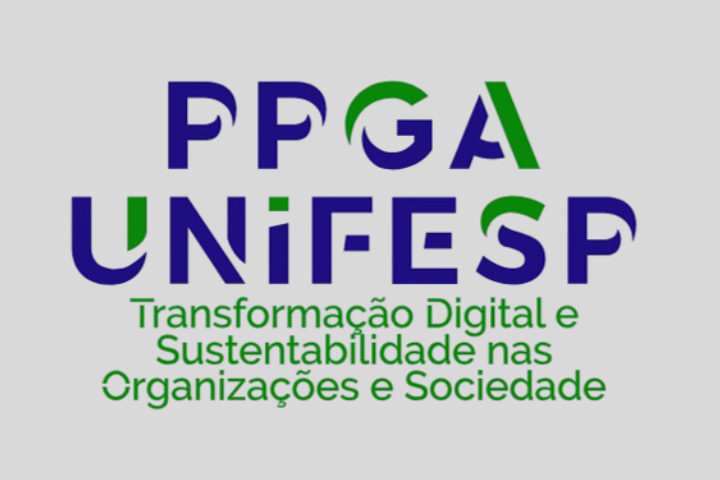 O logotipo apresenta as siglas "PPGA" e "UNIFESP", além da frase "Transformação Digital e Sustentabilidade nas Organizações e Sociedade". Predominam os tons de azul e verde. As siglas "PPGA" e "UNIFESP" são escritas em azul, com detalhes em verde nas letras "G" e "I" de cada sigla, respectivamente. A frase "Transformação Digital e Sustentabilidade nas Organizações e Sociedade" é escrita em verde. O fundo da imagem é cinza claro.  A tipografia utilizada parece ser sem serifa, com letras maiúsculas para as siglas e minúsculas para a frase. As letras são bem definidas e de fácil leitura.  As siglas "PPGA" aparecem na parte superior, seguidas por "UNIFESP" logo abaixo. A frase completa se encontra na parte inferior, centralizada. A combinação das cores azul e verde pode sugerir conceitos como tecnologia (azul) e meio ambiente/sustentabilidade (verde), alinhando-se com a temática da frase.