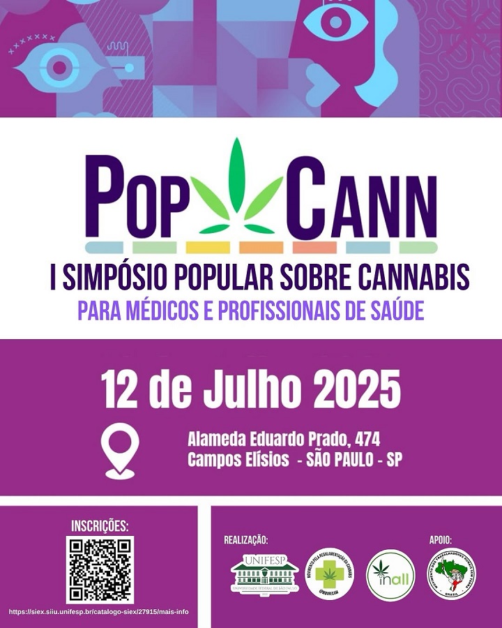 A imagem é um cartaz de divulgação do “I Simpósio Popular sobre Cannabis para Médicos e Profissionais de Saúde”, chamado PopCann. O evento ocorrerá em 12 de julho de 2025, na Alameda Eduardo Prado, 474, Campos Elísios – São Paulo/SP.  O cartaz contém QR code para inscrições, informa que a realização é da UNIFESP, e tem apoio da Inall e da Liga de Cannabis Medicinal da UNIFESP. O design é colorido, com elementos gráficos estilizados e uma folha de cannabis no centro do título.