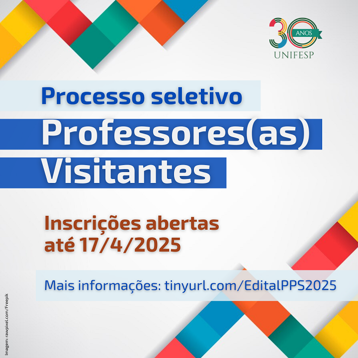 A imagem é um anúncio para um processo seletivo da UNIFESP (Universidade Federal de São Paulo) para professores(as) visitantes, em celebração aos 30 anos da instituição. Aqui está uma descrição detalhada:  Elementos Visuais:  Logotipo: No canto superior direito, há o logotipo da UNIFESP com a inscrição "30 ANOS", indicando o aniversário da universidade. Cores: A imagem apresenta uma paleta de cores vibrantes, incluindo vermelho, amarelo, azul e verde, dispostas em blocos geométricos nos cantos, criando um design moderno e chamativo. Texto Central: O texto principal do anúncio está centralizado em um fundo branco, facilitando a leitura. As informações são apresentadas em diferentes tamanhos de fonte e cores para destacar os pontos importantes. Faixa Azul: A frase "Professores(as) Visitantes" está destacada em uma faixa azul horizontal, chamando a atenção para a categoria do processo seletivo. Link: Na parte inferior, há um link curto (tinyurl.com/EditalPPS2025) para mais informações sobre o edital do processo seletivo. Créditos da Imagem: No canto inferior esquerdo, há uma pequena nota de crédito para "rawpixel.com/Freepik", indicando a origem da imagem utilizada no anúncio. Conteúdo do Texto:  "30 ANOS UNIFESP" (Logotipo) "Processo seletivo" "Professores(as) Visitantes" "Inscrições abertas até 17/4/2025" "Mais informações: tinyurl.com/EditalPPS2025" Layout e Composição:  O layout é limpo e organizado, com o texto centralizado e os elementos gráficos distribuídos de forma equilibrada. A combinação de cores vibrantes e o fundo branco cria um contraste que torna o anúncio visualmente atraente. O link encurtado facilita o acesso a mais informações.