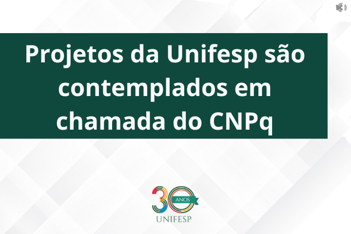 Esta imagem apresenta um design gráfico com os seguintes elementos:  Texto:  "Projetos da Unifesp são contemplados em chamada do CNPq" - Esta é a manchete principal, indicando que projetos da Universidade Federal de São Paulo (Unifesp) foram selecionados em uma chamada do Conselho Nacional de Desenvolvimento Científico e Tecnológico (CNPq). "30 ANOS UNIFESP" - Esta frase, junto com o logotipo da Unifesp, comemora os 30 anos da universidade. Logotipos:  CNPq: O logotipo do CNPq, com sua identidade visual característica, está posicionado no canto superior direito. Unifesp 30 anos: O logotipo da Unifesp para os 30 anos, com um design comemorativo, está localizado no canto inferior esquerdo. Design Gráfico:  Cores: A imagem utiliza uma paleta de cores sóbria, com tons de azul, branco e cinza. Layout: O texto está centralizado na imagem, com os logotipos posicionados nos cantos, criando um equilíbrio visual. Elementos Visuais: A imagem não possui outros elementos visuais além dos logotipos e do texto, focando na mensagem e na identidade visual das instituições. Tom e Estilo:  A imagem tem um tom informativo e institucional, adequado para comunicar uma notícia relevante sobre a Unifesp e o CNPq. O estilo é clean e moderno, com foco na legibilidade e na clareza da informação. Em resumo, a imagem é um anúncio ou comunicado oficial sobre a seleção de projetos da Unifesp pelo CNPq, destacando a importância da parceria entre as instituições e celebrando os 30 anos da universidade.