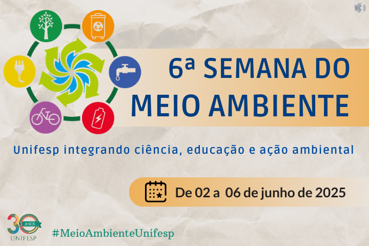 Cartaz da 6ª Semana do Meio Ambiente da UNIFESP, com o tema "Unifesp integrando ciência, educação e ação ambiental". O evento acontece de 02 a 06 de junho de 2025. O visual inclui ícones relacionados à sustentabilidade (reciclagem, água, mobilidade, resíduos, alimentação, natureza) e o selo de 30 anos da UNIFESP. Hashtag destacada: #MeioAmbienteUnifesp.