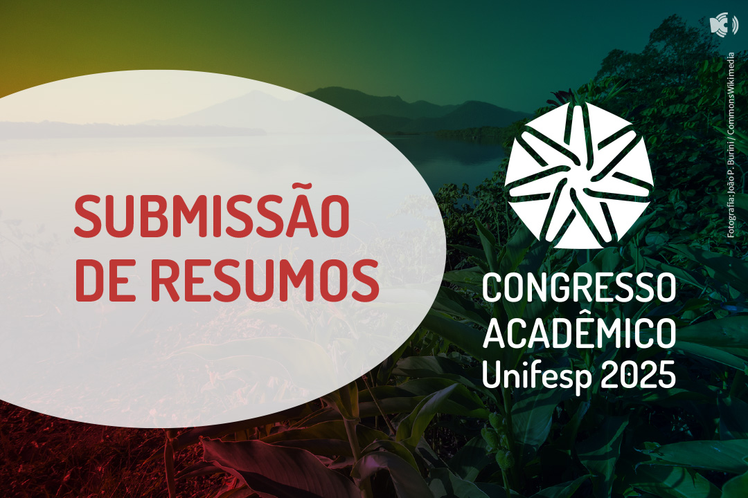 Esta imagem é a capa de divulgação da submissão de resumos para o Congresso Acadêmico Unifesp 2025. Destaques: Mensagem principal: "Submissão de Resumos" Evento: Congresso Acadêmico Unifesp 2025 Design: Fundo com vegetação e paisagem natural, destacando a temática ambiental. O logotipo do congresso está em destaque ao lado do texto. Essa versão é mais visual e serve como uma peça de chamada para o público-alvo, complementando os materiais informativos com prazos e temas.