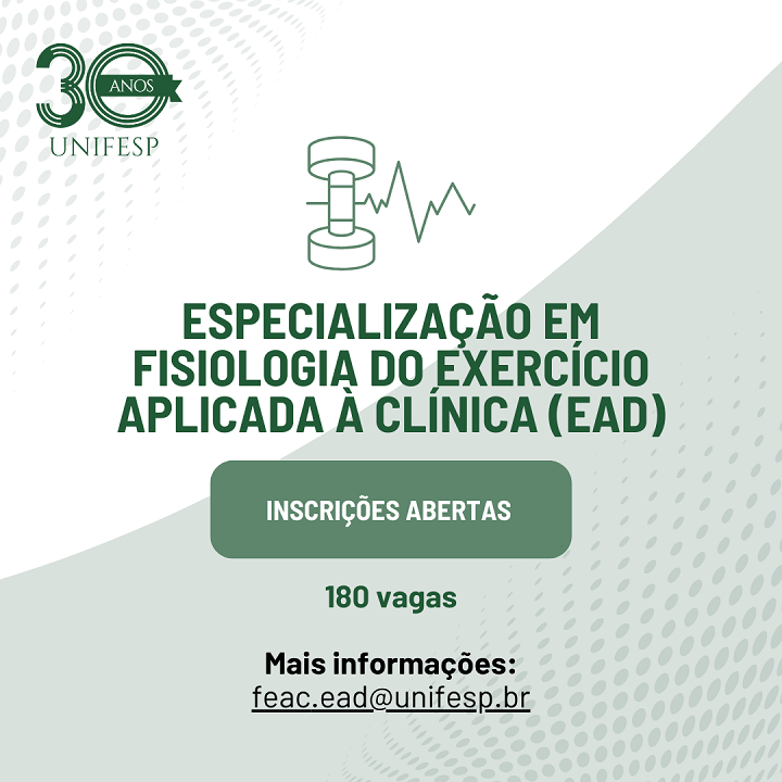 A imagem é um anúncio para um curso de especialização em Fisiologia do Exercício Aplicada à Clínica (EAD) oferecido pela UNIFESP. Aqui está uma descrição detalhada:  Elementos Visuais:  Logotipo da UNIFESP: No canto superior esquerdo, há um logotipo que indica "30 ANOS UNIFESP". Ilustração Central: No centro da imagem, há um desenho de um halter com uma linha de eletrocardiograma (ECG) passando por ele, simbolizando a fisiologia do exercício e a aplicação clínica. Texto Principal: O texto central informa sobre a "ESPECIALIZAÇÃO EM FISIOLOGIA DO EXERCÍCIO APLICADA À CLÍNICA (EAD)". Informações de Inscrição: Abaixo do texto principal, há um botão verde escuro com a inscrição "INSCRIÇÕES ABERTAS". Vagas: Logo abaixo do botão, há a informação de "180 vagas". Contato: Na parte inferior, há um endereço de e-mail para mais informações: "feac.ead@unifesp.br". Fundo: O fundo da imagem é claro, com um padrão de pontos em diferentes tons de cinza, criando um efeito de meio-tom. Layout e Cores:  A imagem utiliza um layout limpo e organizado, com as informações distribuídas de forma clara e hierárquica. As cores predominantes são o branco para o fundo, verde escuro para o botão de inscrição e tons de cinza para o padrão de pontos e o logotipo. Estilo:  O estilo geral da imagem é moderno e profissional, adequado para um anúncio de curso acadêmico. A ilustração central é simples, mas eficaz, comunicando a temática do curso de forma visual.