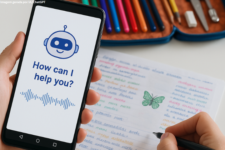 A imagem mostra uma pessoa segurando um smartphone com a tela exibindo um desenho de um robô sorridente e a frase em inglês: "How can I help you?" (Como posso te ajudar?). Abaixo da frase, há uma representação gráfica de ondas sonoras, indicando o uso de assistente virtual com reconhecimento de voz. Ao fundo, vê-se um caderno aberto com anotações coloridas escritas à mão, provavelmente de estudo, e um desenho de uma borboleta verde. Há também uma mão segurando uma caneta, como se estivesse escrevendo ou sublinhando algo no caderno. No topo da imagem, há um estojinho com canetas coloridas e materiais escolares. No canto superior esquerdo da imagem, aparece a marca d'água: "Imagem gerada por IA/ChatGPT", indicando que a imagem foi criada por inteligência artificial.