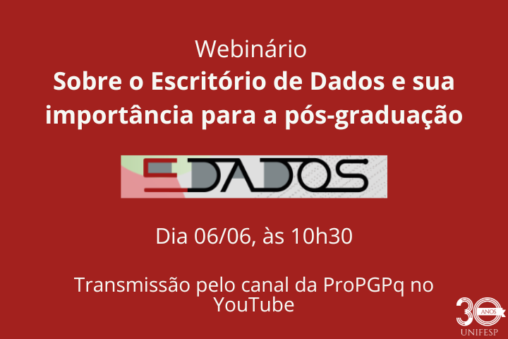 A imagem é um cartaz de divulgação de um webinário com o seguinte conteúdo:  Webinário Sobre o Escritório de Dados e sua importância para a pós-graduação Imagem central: um logotipo estilizado com a palavra "EDADOS". Data e horário: Dia 06/06, às 10h30  Transmissão: Pelo canal da ProPGPq no YouTube  No canto inferior direito, há o logotipo dos 30 anos da UNIFESP.