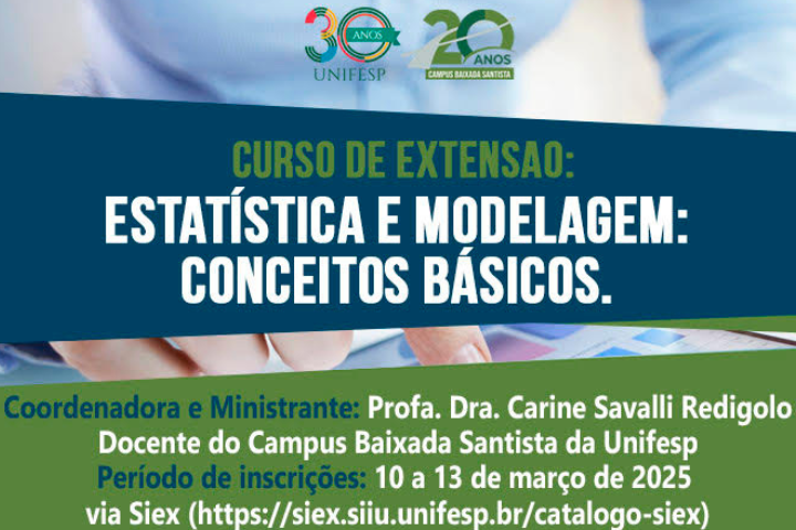 Imagem contém letreiro Curso de Extensão Estatística e modelagem: conceitos básicos