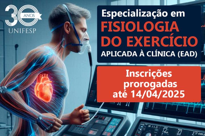 A imagem promove um curso de especialização em Fisiologia do Exercício Aplicada à Clínica (EAD) oferecido pela UNIFESP, em comemoração aos seus 30 anos. O destaque da imagem está em um homem correndo em uma esteira dentro de um ambiente tecnológico, ligado a sensores e monitores que exibem informações fisiológicas, como batimentos cardíacos e dados sobre o corpo humano. A imagem tem um tom futurista, com a musculatura do corredor visível de forma translúcida, enfatizando a biomecânica e a fisiologia do exercício.  Há um aviso de que as inscrições foram prorrogadas até 14/04/2025 e um e-mail para mais informações: feac.ead@unifesp.br.