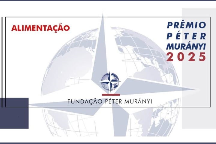 A imagem apresenta a identidade visual do Prêmio Péter Murányi 2025, com o tema Alimentação. O design inclui um fundo com um globo terrestre estilizado e uma estrela de quatro pontas no centro, que faz parte da identidade da Fundação Péter Murányi. O texto está disposto em cores contrastantes: "ALIMENTAÇÃO" em vermelho e o restante em azul e preto. O layout sugere uma abordagem moderna e institucional, destacando a importância do prêmio e seu foco na inovação para a alimentação.