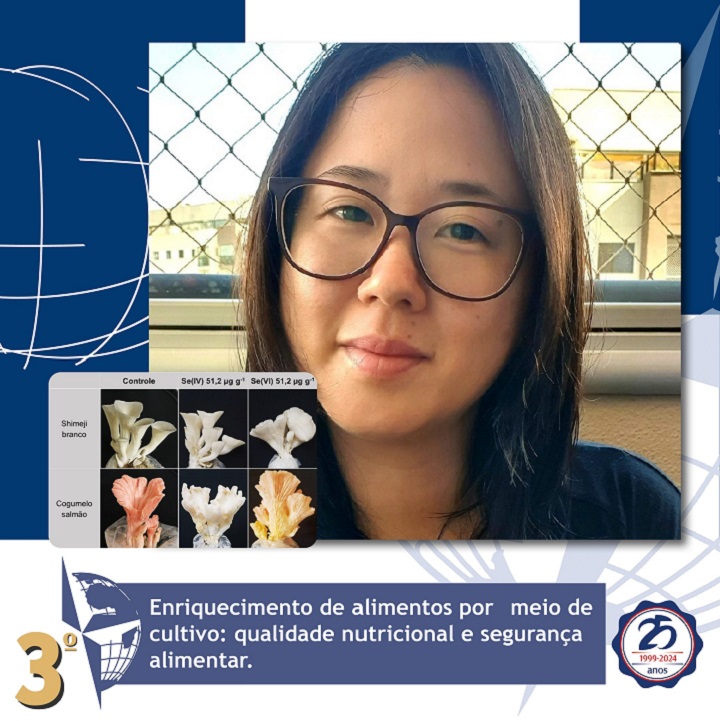 A imagem destaca uma pesquisadora associada ao projeto "Enriquecimento de alimentos por meio de cultivo: qualidade nutricional e segurança alimentar", que conquistou o 3º lugar no Prêmio Péter Murányi 2025 na categoria Alimentação.  Na imagem, a pesquisadora aparece sorrindo suavemente, usando óculos e com um fundo que sugere um ambiente acadêmico ou residencial. Em primeiro plano, há uma tabela com imagens de cogumelos, indicando o estudo de enriquecimento nutricional através do cultivo.  O design inclui elementos gráficos da identidade visual do prêmio, como tons de azul e branco, e um selo comemorativo dos 25 anos (1999-2024) da Fundação Péter Murányi.