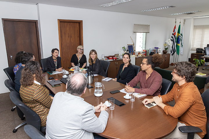 A imagem mostra um grupo de pessoas reunidas ao redor de uma mesa de reunião em um ambiente profissional, possivelmente em um escritório de uma instituição pública ou governamental. Há papéis, cadernos, copos, garrafas de água, xícaras de café e celulares sobre a mesa, indicando uma reunião formal em andamento.  Os participantes estão atentos e parecem envolvidos na conversa. Ao fundo, é possível ver estantes com livros, objetos de decoração e bandeiras, incluindo a bandeira do Brasil, a do estado de São Paulo e a bandeira municipal de São Paulo, o que sugere que o encontro está ocorrendo em alguma repartição pública ou sede administrativa no estado de São Paulo.