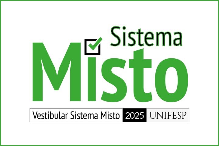 A imagem apresenta um design limpo e simples com os seguintes elementos:  A palavra "Misto" é a mais proeminente, escrita em letras grandes, em negrito e verdes. Acima dela, a palavra "Sistema" aparece em texto menor, preto, com uma marca de seleção verde dentro de um quadrado preto próximo a ela. Na parte inferior, um banner diz: “Vestibular Sistema Misto 2025 UNIFESP”. “Vestibular Sistema Misto” está em preto, “2025” está em branco dentro de uma caixa preta e “UNIFESP” está em preto sobre fundo branco. O desenho geral parece promover o sistema misto de ingresso (Sistema Misto) para os vestibulares de 2025 da UNIFESP. A cor verde pode simbolizar sucesso ou validação, enquanto a marca de verificação reforça a ideia de escolha ou confirmação deste sistema.