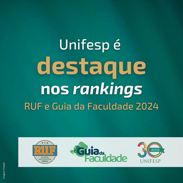 Na parte inferior da imagem, há três logotipos:RUF: Um círculo com as letras RUF em destaque, indicando provavelmente um ranking universitário.Guia da Faculdade: Um logotipo mais elaborado com o nome "Guia da Faculdade" escrito em uma fonte elegante, sugerindo uma publicação que avalia e ranqueia instituições de ensino superior.UNIFESP 30 anos: O logotipo da Universidade Federal de São Paulo (UNIFESP), com a inscrição "30 anos", indicando a comemoração de um aniversário.Interpretação:A imagem transmite a mensagem de que a UNIFESP obteve um bom desempenho em rankings acadêmicos de 2024, como o RUF e o Guia da Faculdade. A combinação das cores verde e dourado confere um aspecto sofisticado e confiável à comunicação visual. A presença do logotipo da UNIFESP com a inscrição "30 anos" reforça a tradição e a experiência da instituição.Em resumo: A imagem é um anúncio visual que celebra o sucesso da UNIFESP em rankings acadêmicos recentes, destacando a qualidade do ensino e pesquisa da instituição.