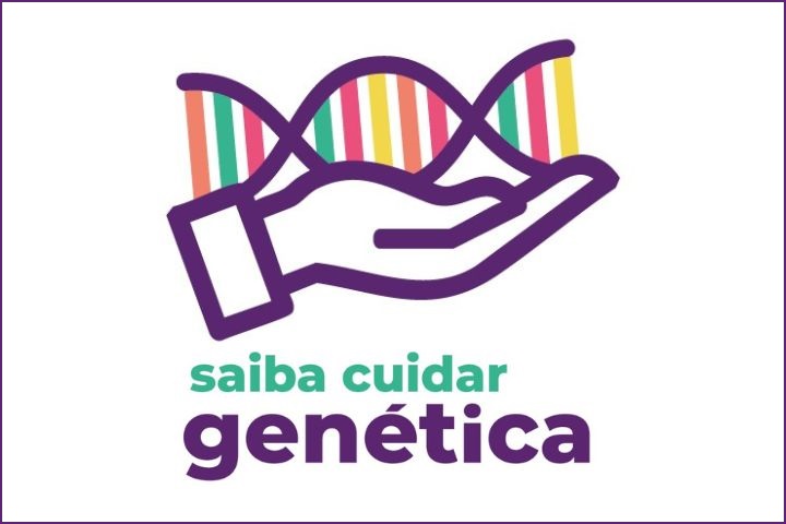 A imagem apresenta uma ilustração estilizada de uma mão aberta, em roxo, segurando uma fita de DNA com cores vibrantes (vermelho, laranja, amarelo, verde, azul e rosa) representando as bases genéticas. Abaixo da imagem, há o texto: "saiba cuidar genética", sendo "saiba cuidar" em verde e "genética" em roxo escuro e em destaque.
