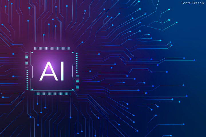Imagem mostra redes de Inteligência Artificial e a sigla AI à esquerda