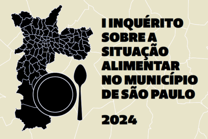 Imagem da capa do Inquérito escrito I Inquérito sobre a Situação Alimentar do Município de São Paulo e uma figura com o mapa de São Paulo, um prato e uma colher